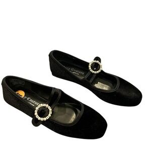 Juicy Couture Velvety Black Mary Janes Flats Pearl Buckle BIJOUX Size 7 Shoes‎